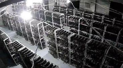 A large-scale mining farm in Russia illuminated by numerous mining rigs